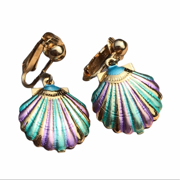 vtg pastel seashell mermaid clip on earrings